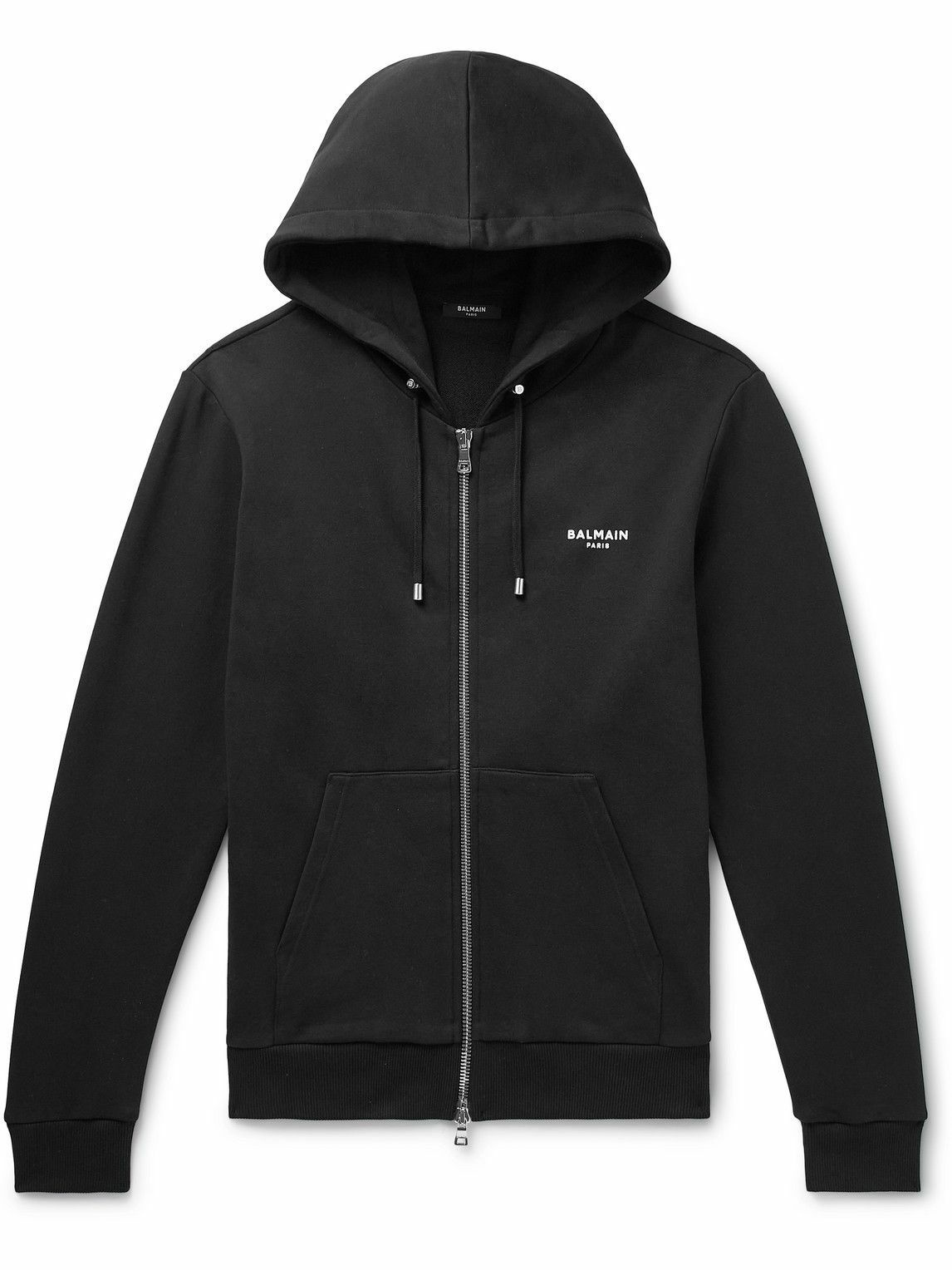 Balmain - Logo-Flocked Cotton-Jersey Zip-Up Hoodie - Black Balmain