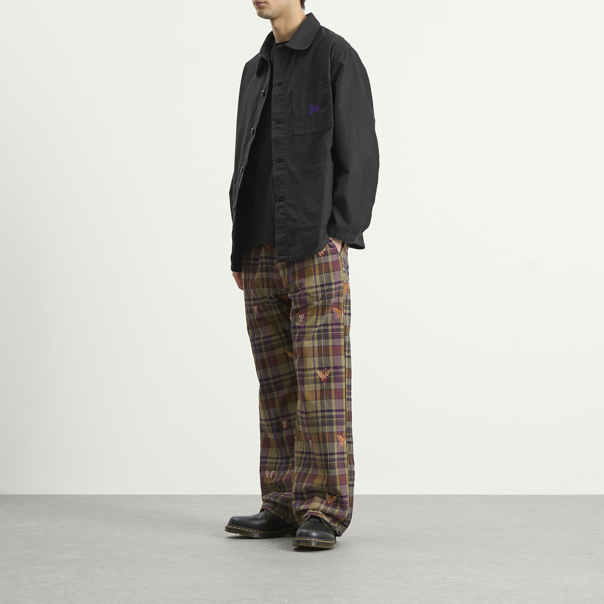 Needles Men's Embroidered Madras Plaid Easy Pants in Brown