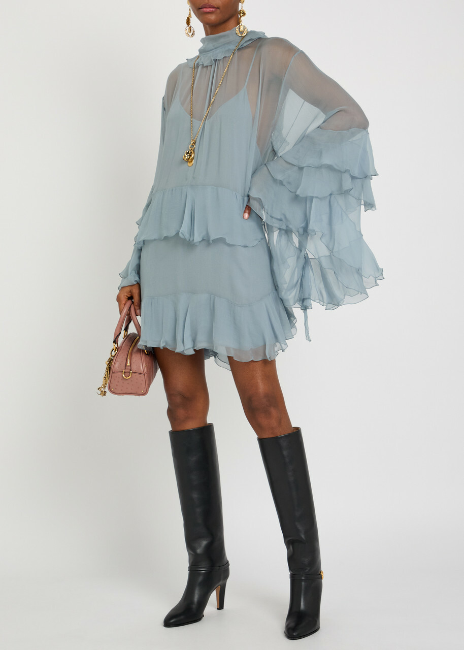 Chloe Ruffled Tiered Silk-chiffon Mini Dress Light Grey