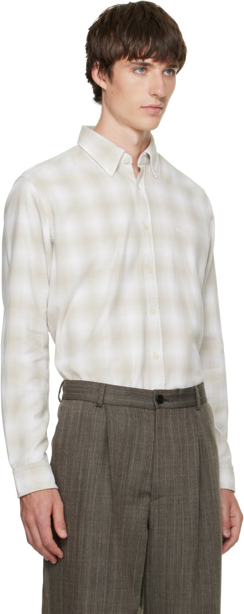 BOSS Beige Regular-Fit Button-Down Check Flannel Shirt
