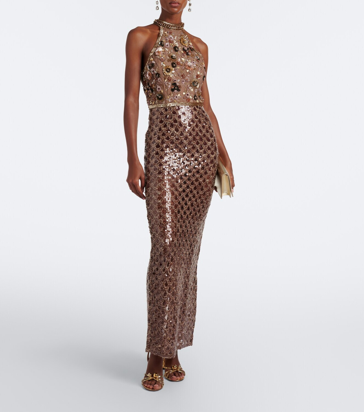Là Fuori Scales of Gold embellished halterneck gown