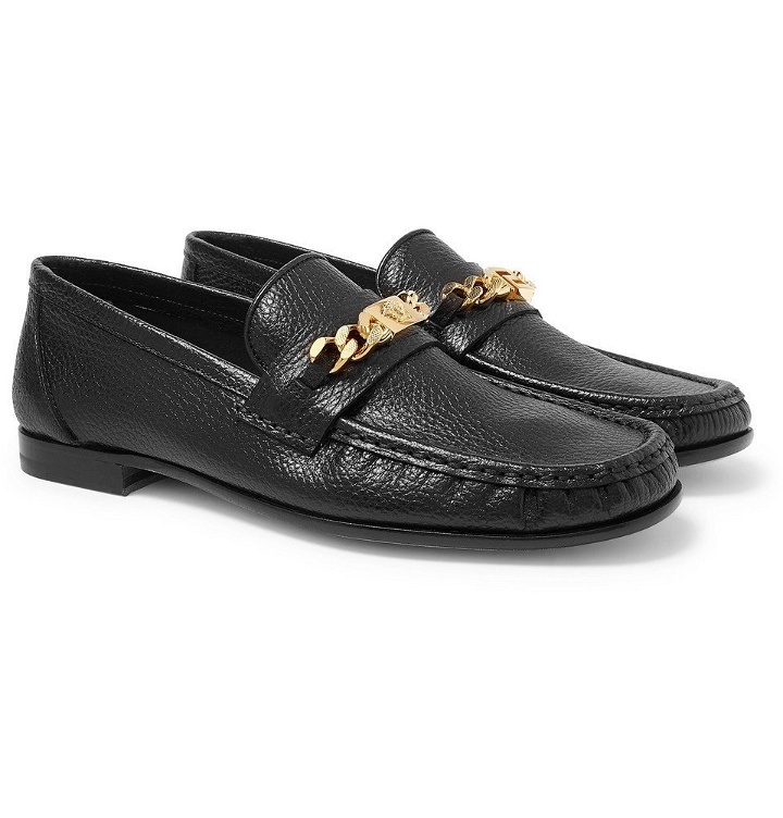 Photo: Versace - Antares Chain-Trimmed Textured-Leather Loafers - Black