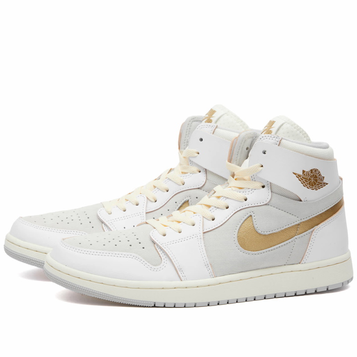 Photo: Air Jordan Men's 1 ZM Air CMFT 2 Sneakers in White/Gold/Grey