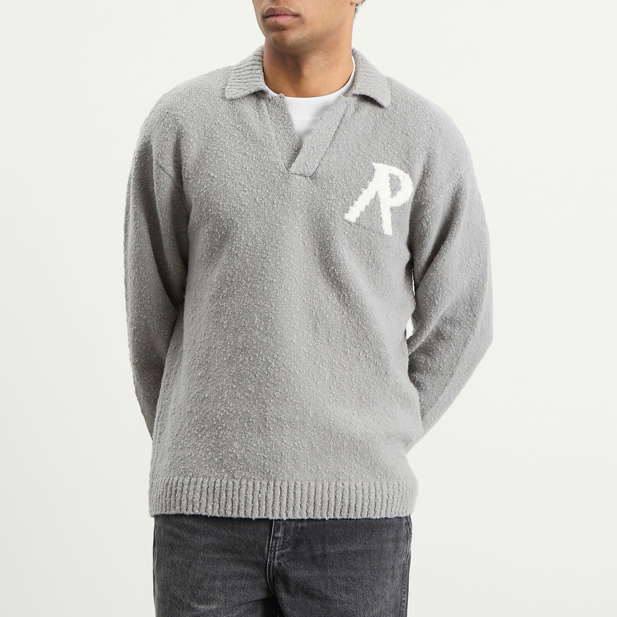 Represent Men's Knitted Boucle Knit Polo in Grey