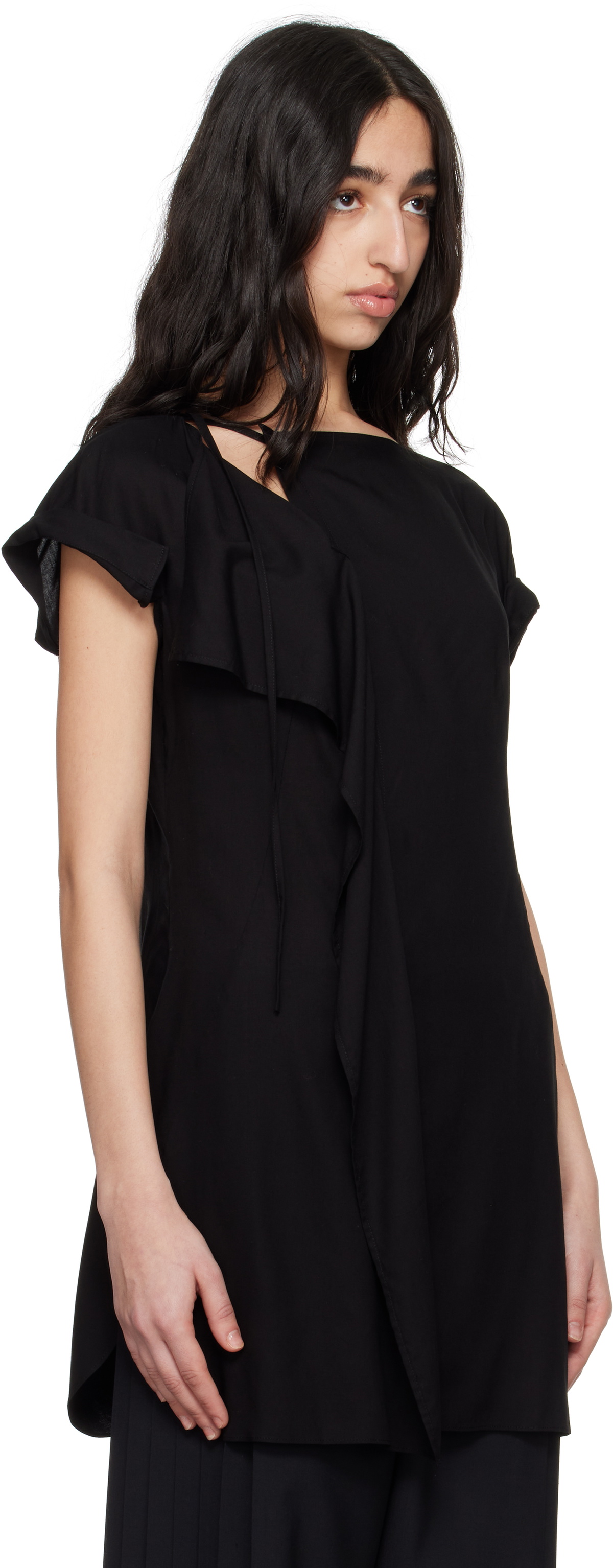 Y's Black Rayon Cambric Right Side Drape Blouse