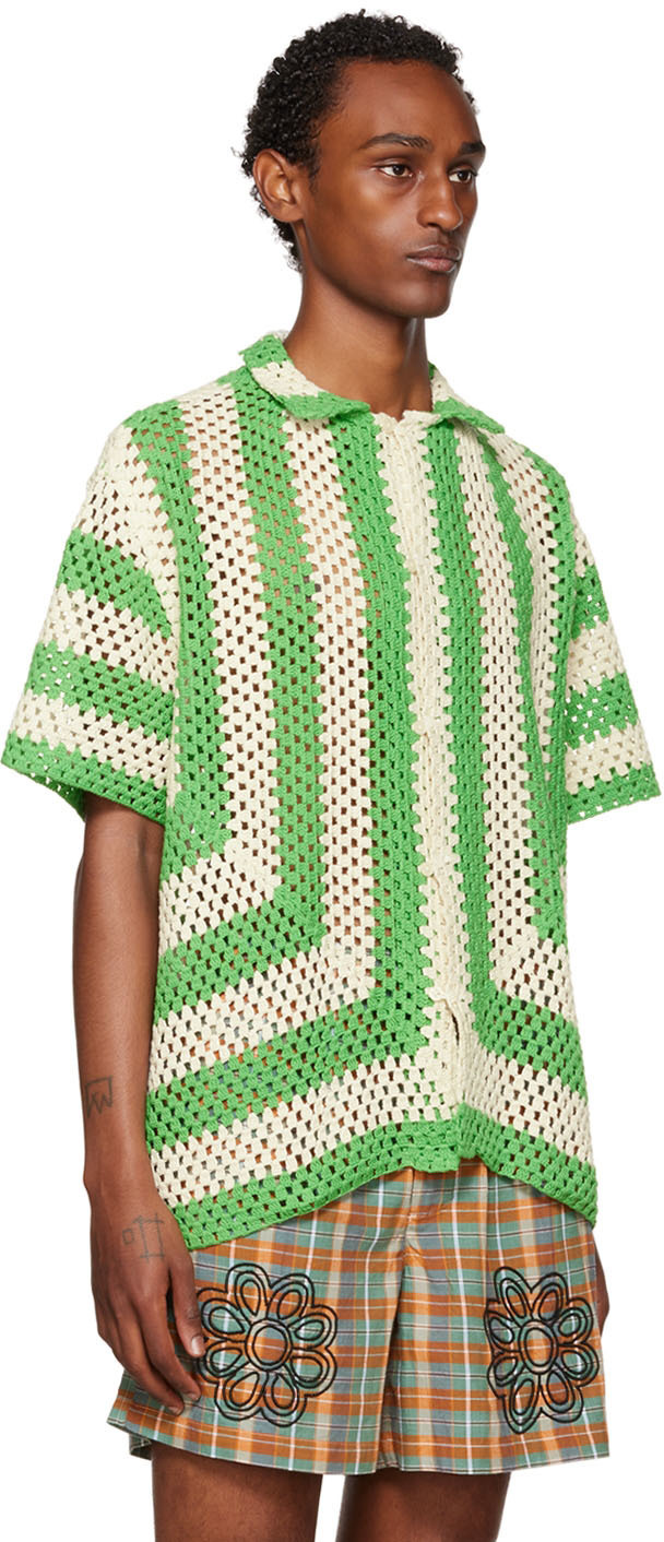 Bode Green & White Crochet Shirt Bode