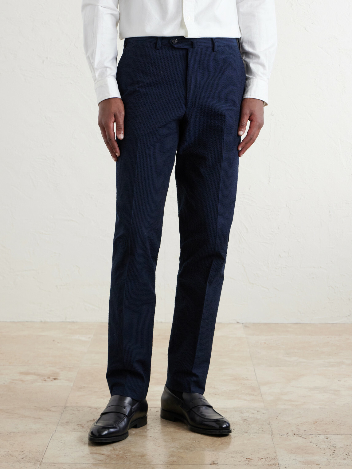 De Petrillo - Straight-Leg Cotton-Seersucker Suit Trousers - Blue