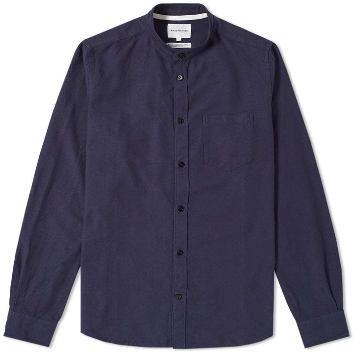 Photo: Norse Projects Hans Collarless Oxford Ripstop Shirt Blue