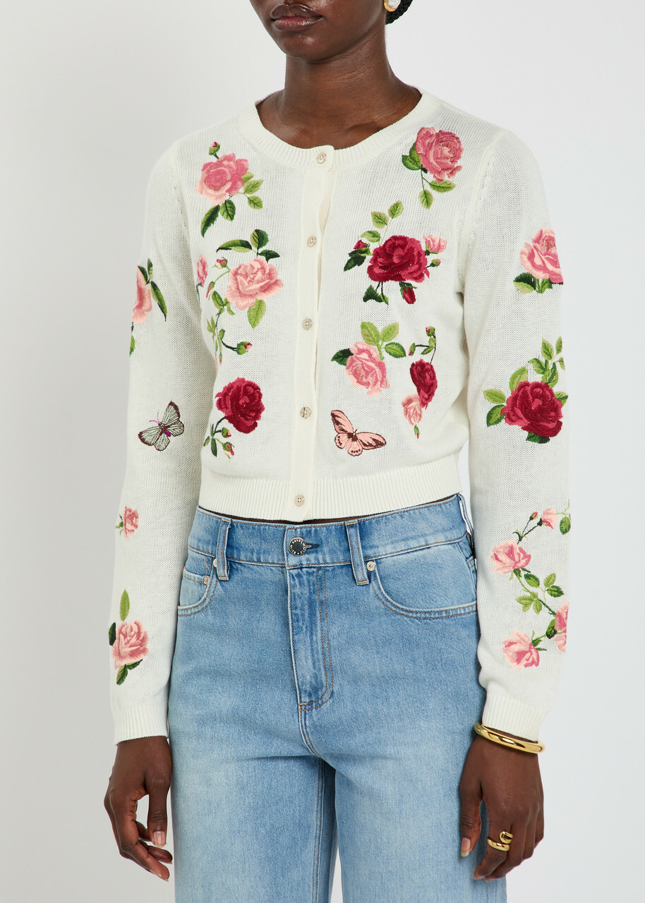Alice + Olivia Dollie Floral-embroidered Knit Cardigan White