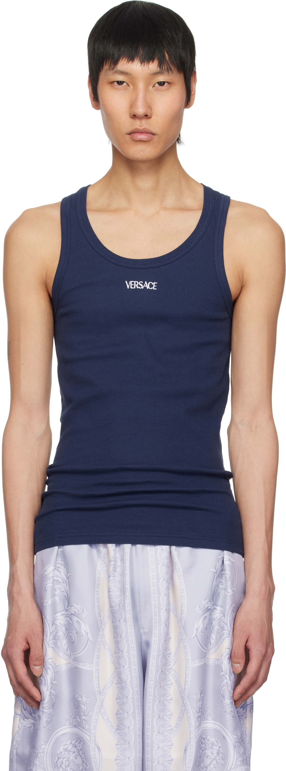 Versace Underwear Navy Logo Ribbed Tank Top