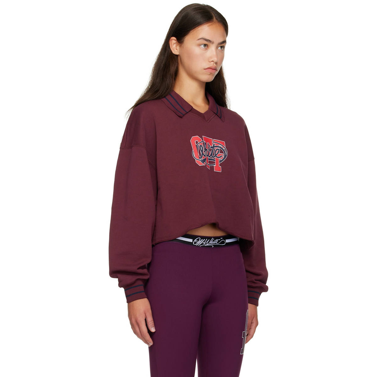 Off-White Burgundy 'Off' College Crop Polo Sweatshirt