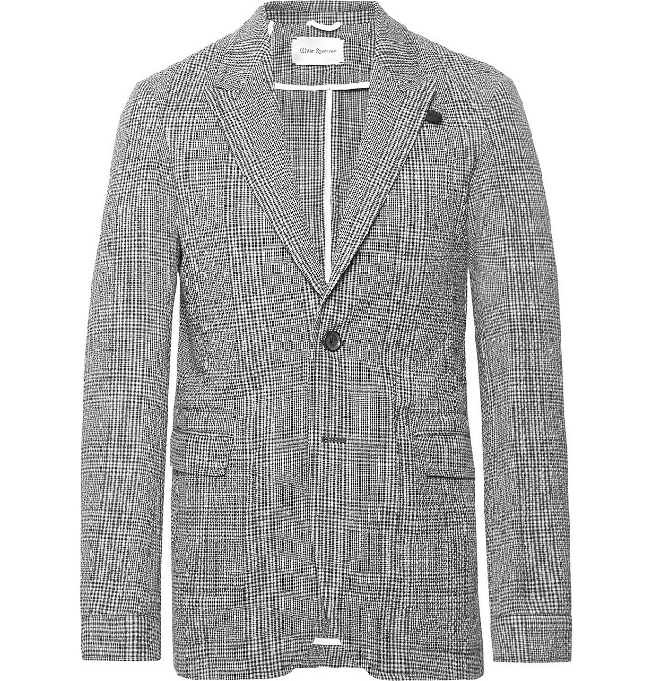 Photo: Oliver Spencer - Midnight-Blue Brookes Slim-Fit Checked Cotton-Blend Seersucker Suit Jacket - Blue