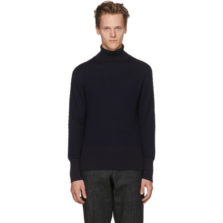 Photo: Thom Browne Navy Baby Cable Turtleneck
