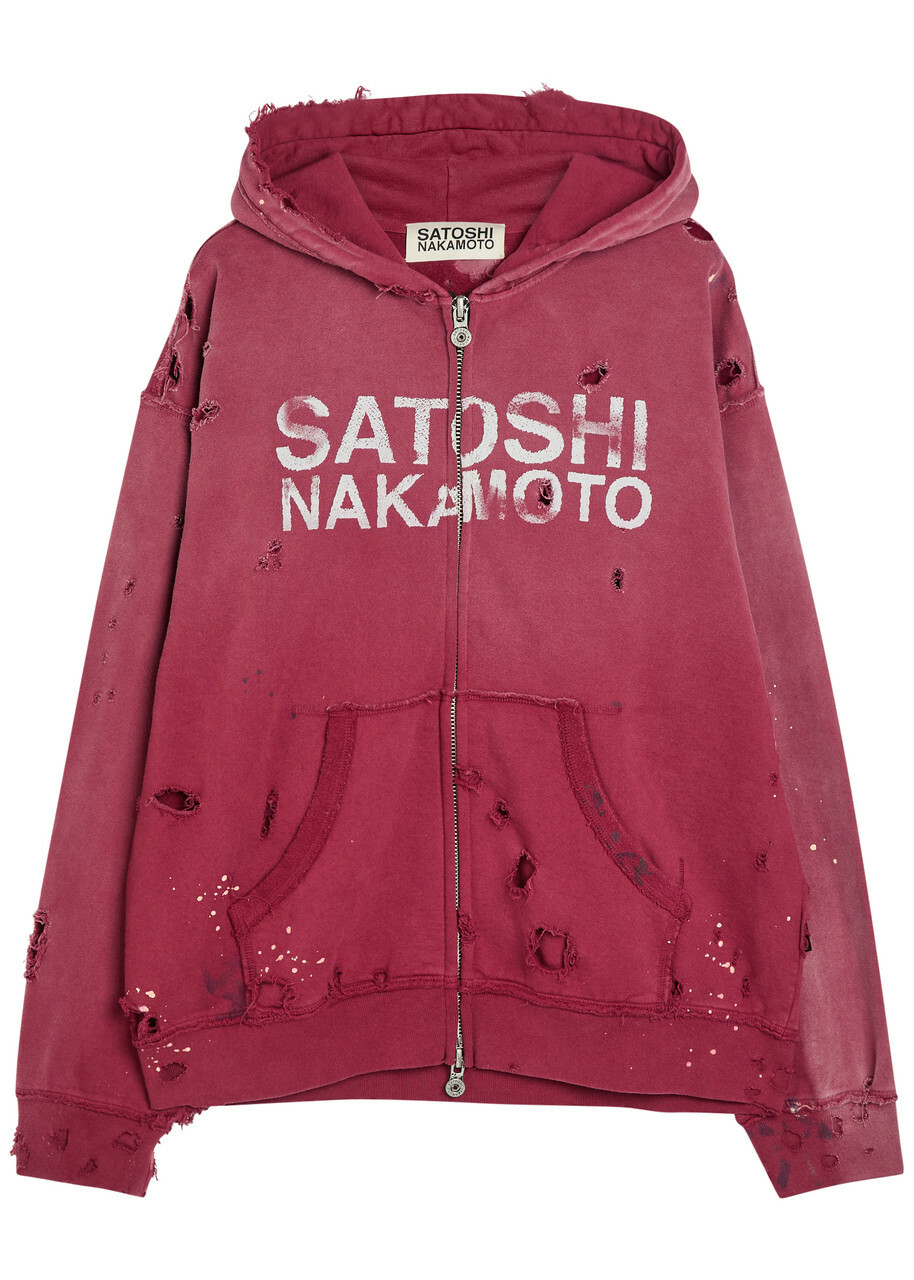 Satoshi Nakamoto Luke Printed Hooded Distressed Cotton Sweatshirt Burgundy