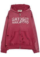 Satoshi Nakamoto Luke Printed Hooded Distressed Cotton Sweatshirt Burgundy