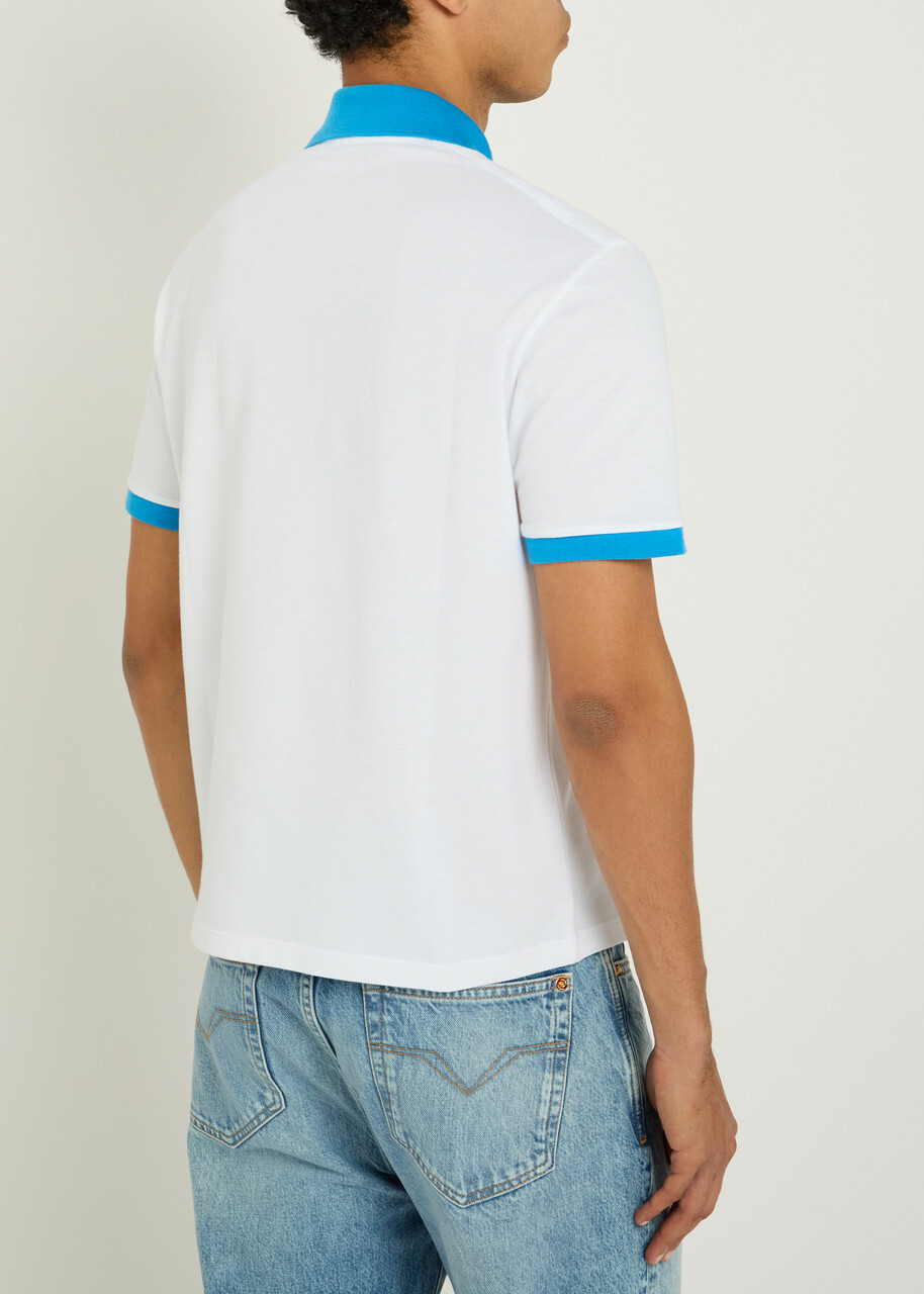 Versace Logo-embroidered Piqué Cotton Polo Shirt White And Blue