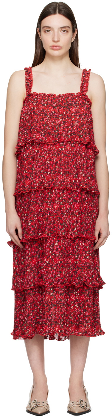 GANNI Red Flounce Midi Dress GANNI