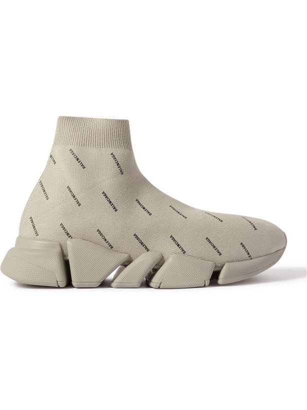 Photo: Balenciaga - Speed 2.0 Logo-Print Stretch-Knit Slip-On Sneakers - Gray