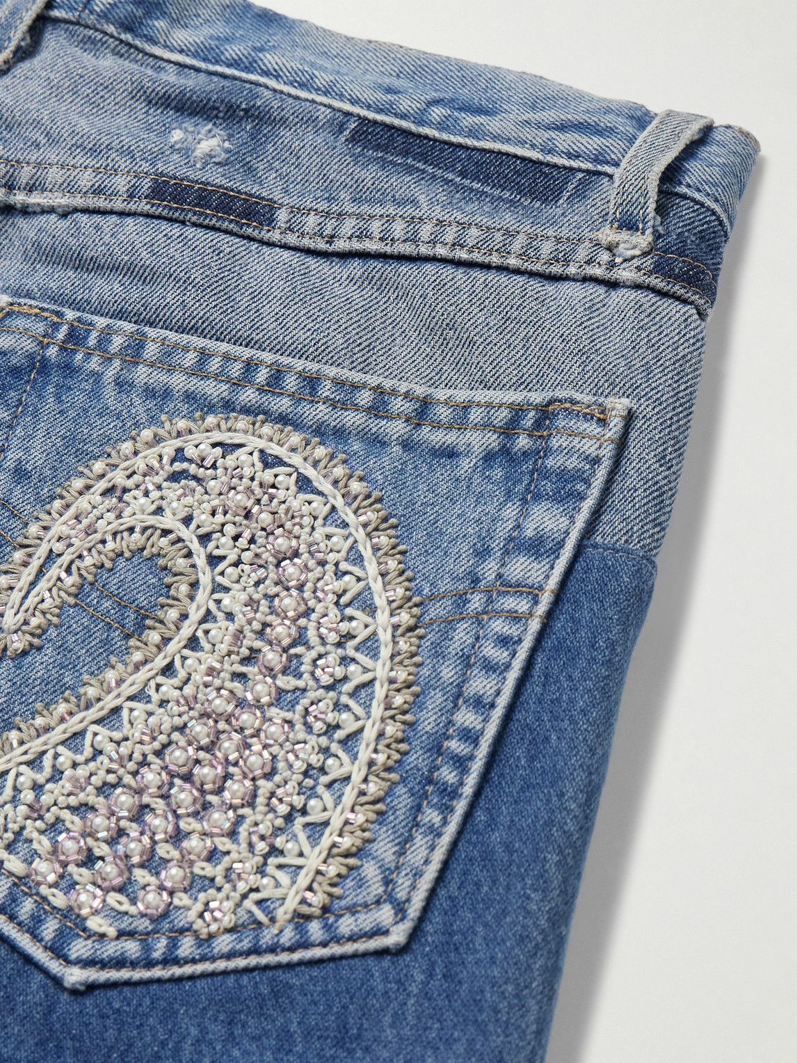 Kartik Research - Chikankari Straight-Leg Embellished Panelled Jeans - Blue