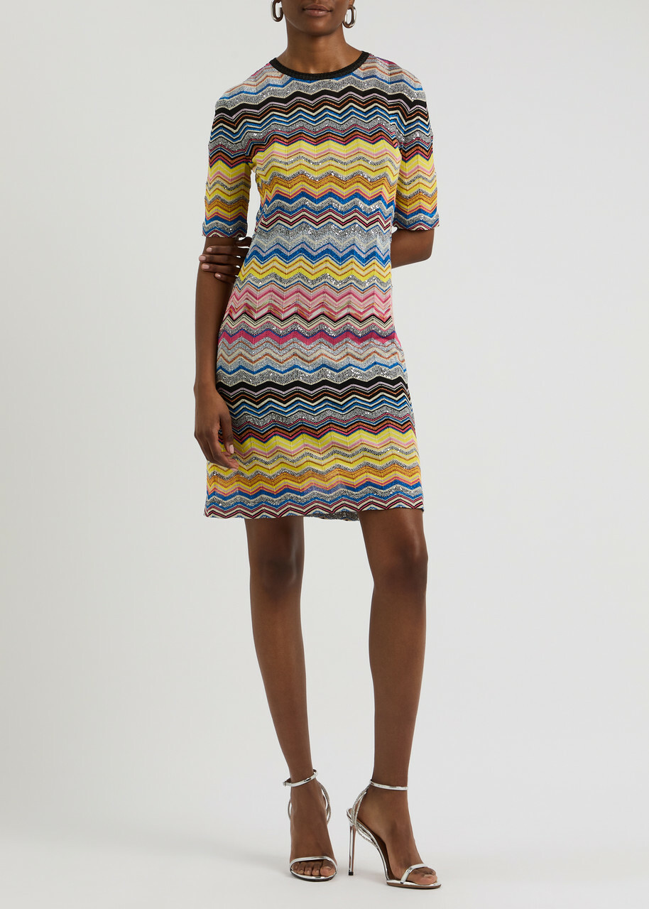 Missoni Zigzag Embellished Knitted Mini Dress Multicoloured