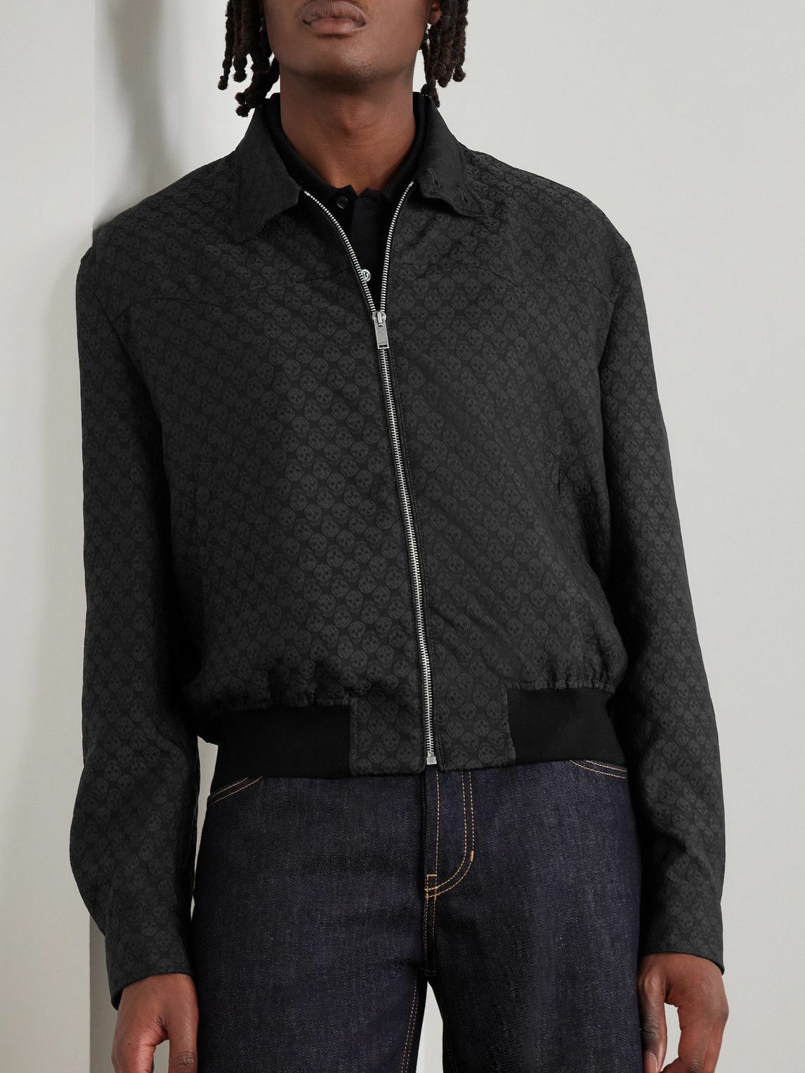McQueen - Cropped Printed Twill Harrington Jacket - Black
