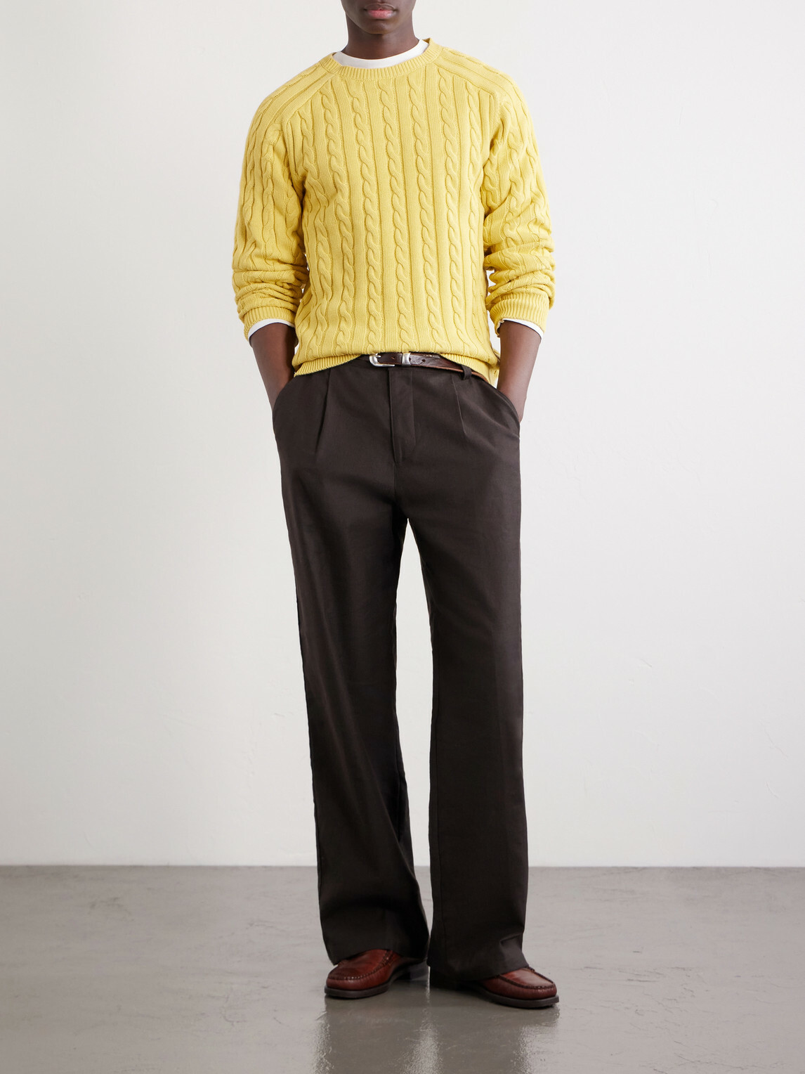 Beams Plus - Cable-Knit Cotton Sweater - Yellow