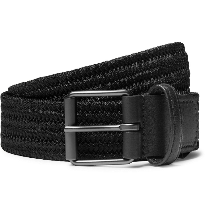 Photo: Anderson's - 3cm Black Leather-Trimmed Woven Elastic Belt - Black