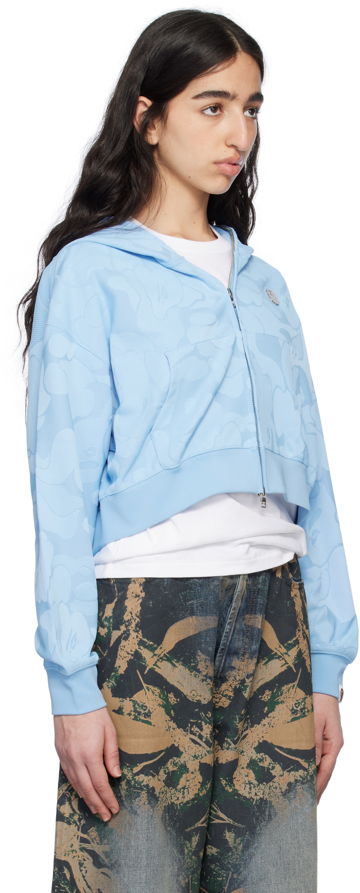 BAPE Blue Solid Camo Jacquard One Point Cropped Zip Hoodie