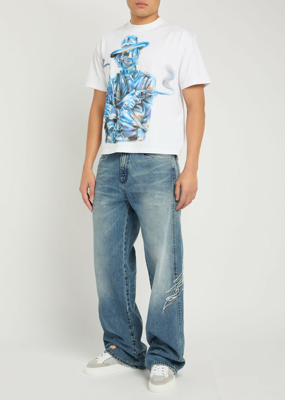 Warren Lotas Chrome Gunslinger Printed Cotton T-shirt White And Blue