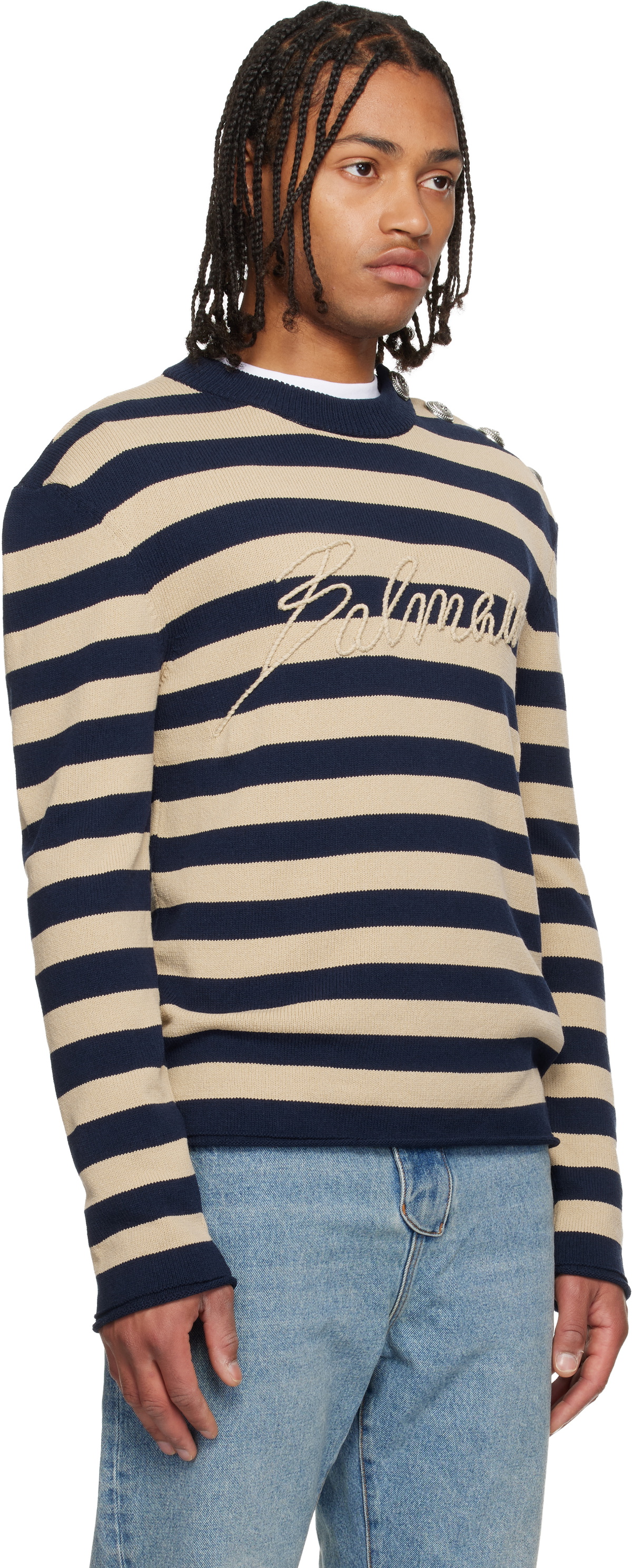 Balmain Navy & Beige 'Balmain' Logo Marinière Sweater