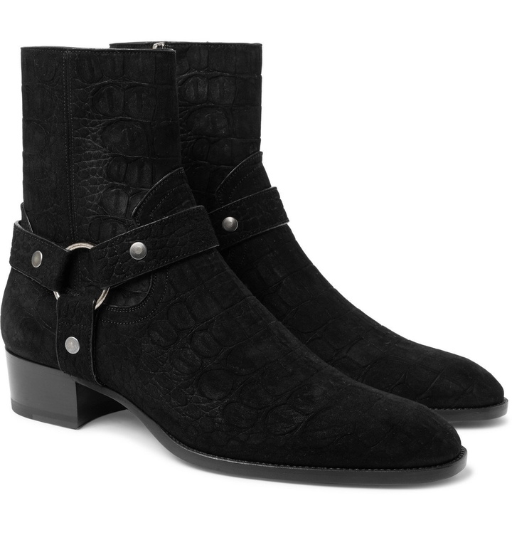 Photo: SAINT LAURENT - Wyatt 40 Croc-Effect Suede Boots - Black