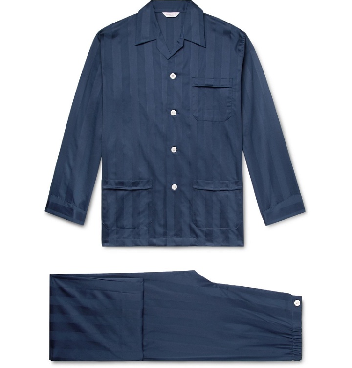 Photo: Derek Rose - Lingfield Satin-Striped Cotton Pyjama Set - Blue