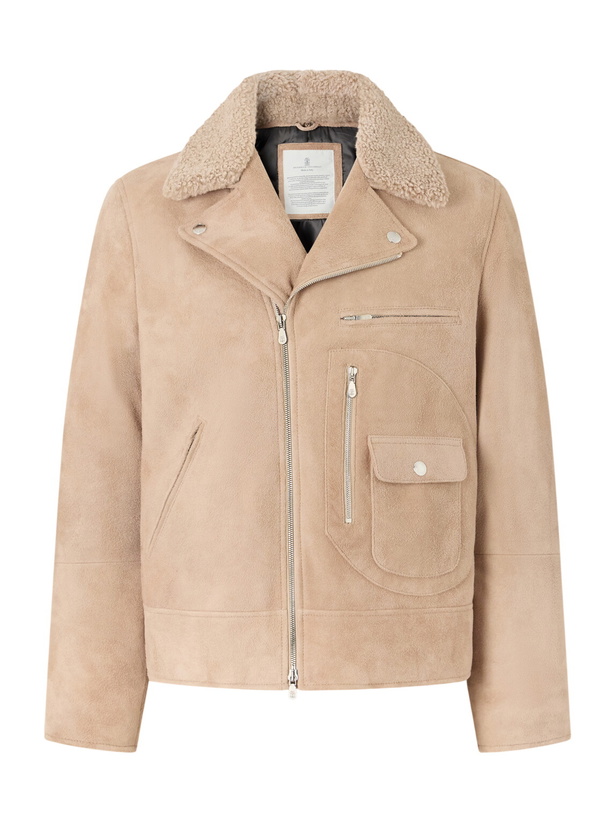 Photo: Brunello Cucinelli - Shearling-Trimmed Suede Leather Biker Jacket - Neutrals