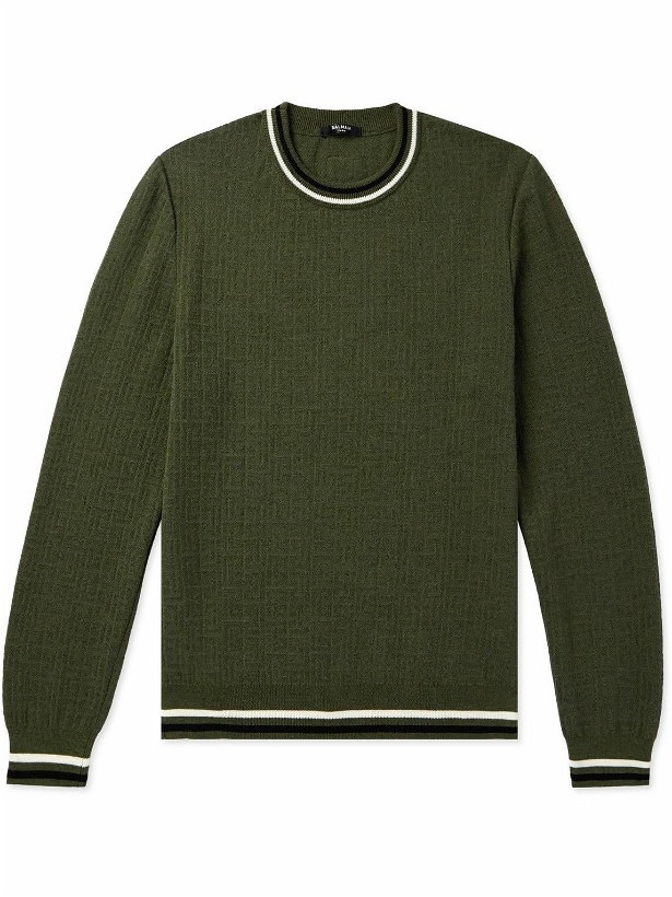 Photo: Balmain - Monogrammed Merino Wool-Blend Sweater - Green