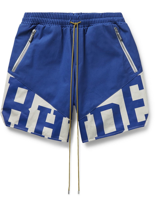 Photo: Rhude - Flight Logo-Print Cotton-Twill Drawstring Shorts - Blue