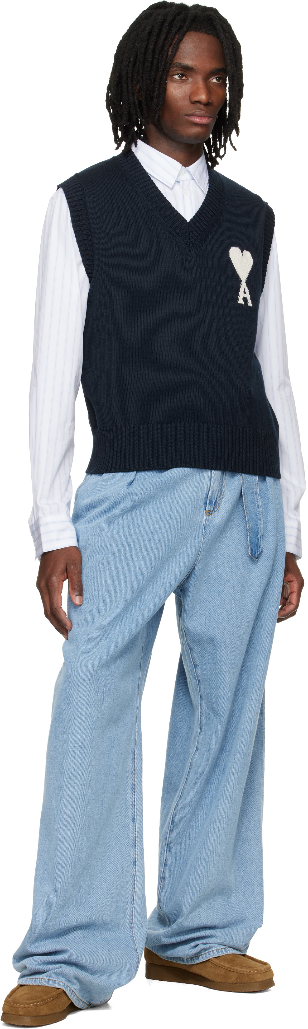 AMI Paris Navy Wool Cotton Sleeveless Ami de Coeur Sweater