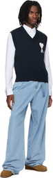 AMI Paris Navy Wool Cotton Sleeveless Ami de Coeur Sweater