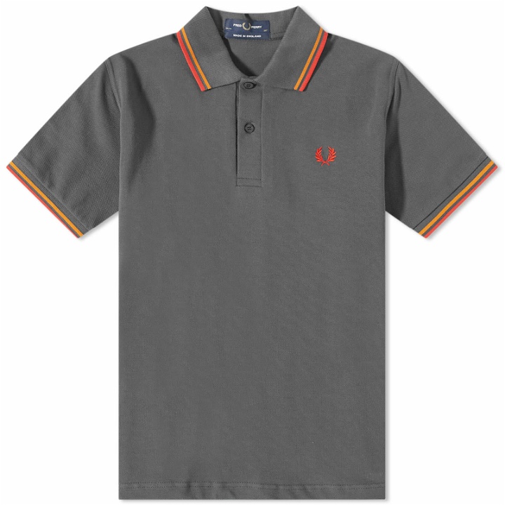 Photo: Fred Perry Men's Original Twin Tipped Polo Shirt in Gunmetal/Corn/Red