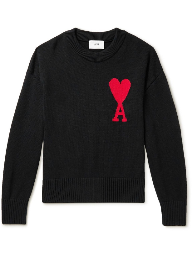 Photo: AMI PARIS - Logo-Intarsia Organic Cotton and Wool-Blend Sweater - Black