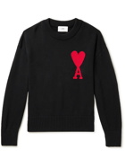 AMI PARIS - Logo-Intarsia Organic Cotton and Wool-Blend Sweater - Black