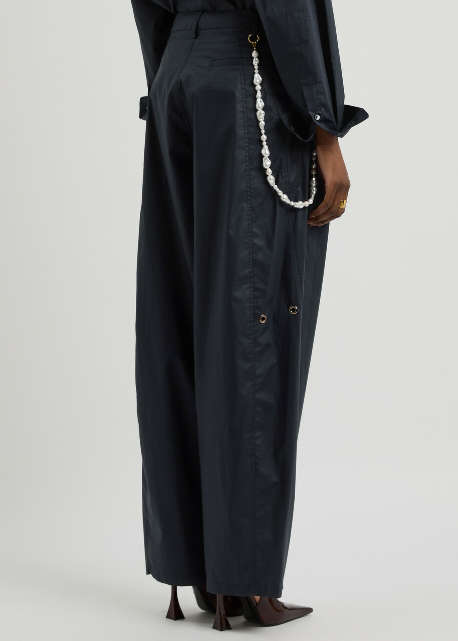 Darkpark Phebe Pearl-embellished Cotton-poplin Trousers Navy