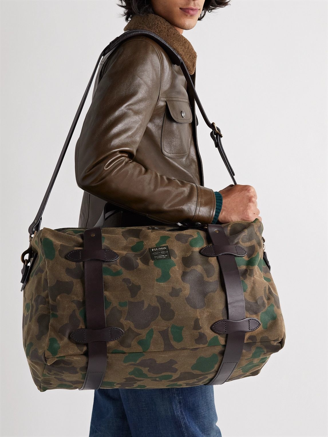 Filson - Medium Leather-Trimmed Camouflage-Print Waxed Rugged Twill Duffle  Bag Filson