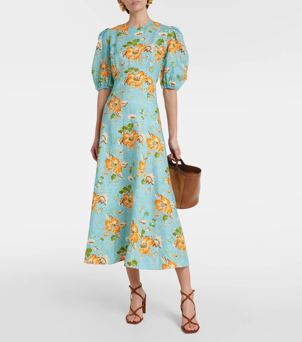 Almais Floral puff-sleeve linen midi dress ALMAIS