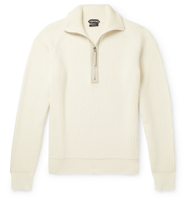 Photo: TOM FORD - Slim-Fit Leather-Trimmed Ribbed Merino Wool and Cashmere-Blend Half-Zip Sweater - Neutrals