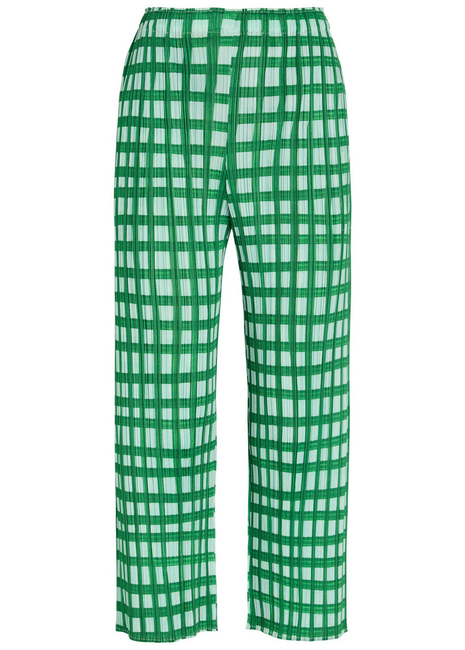 Pleats Please Issey Miyake Gingham Pleated Straight-leg Woven Cropped Trousers Green