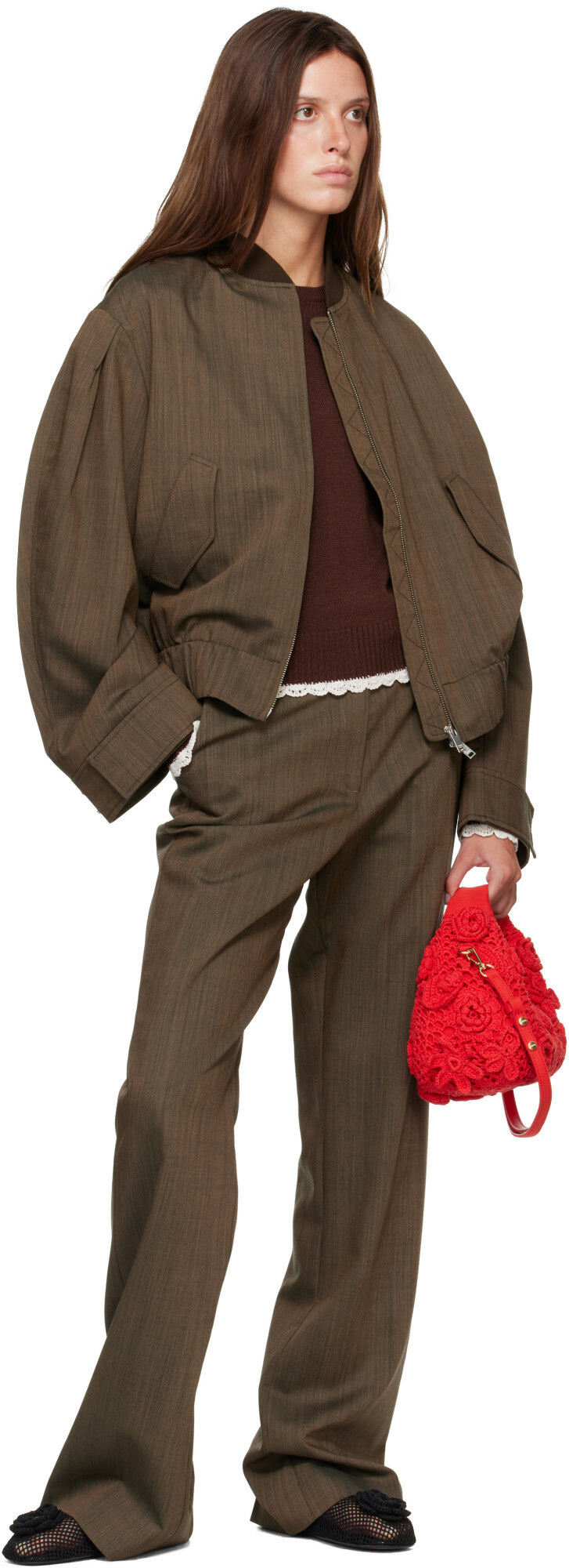GANNI Brown Wool Melange Bomber Jacket