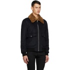 Mackage Navy Wool and Shearling Theo Bomber Jacket