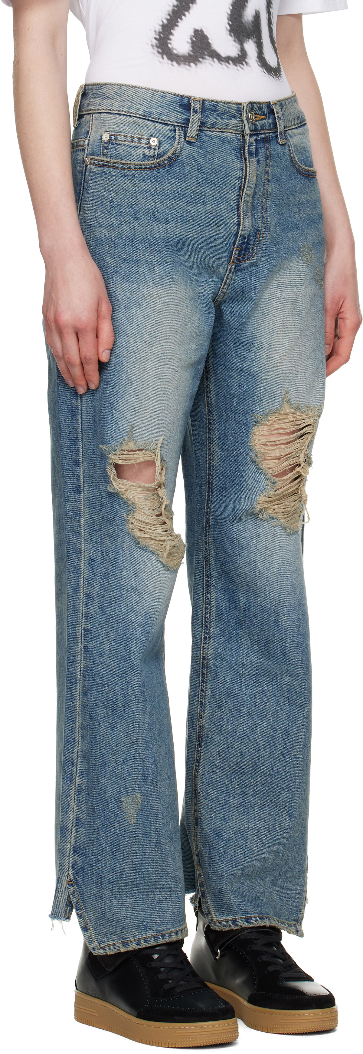 【OPEN YY】DISTRESSED LOOSE STRAIGHT JEANS Blue Distressed Loose Straight Jeans by OPEN YY on Sale