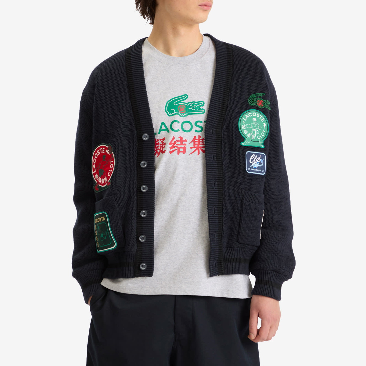 Lacoste Men's x CLOT Reversible Patch Cardigan in Navy Blue