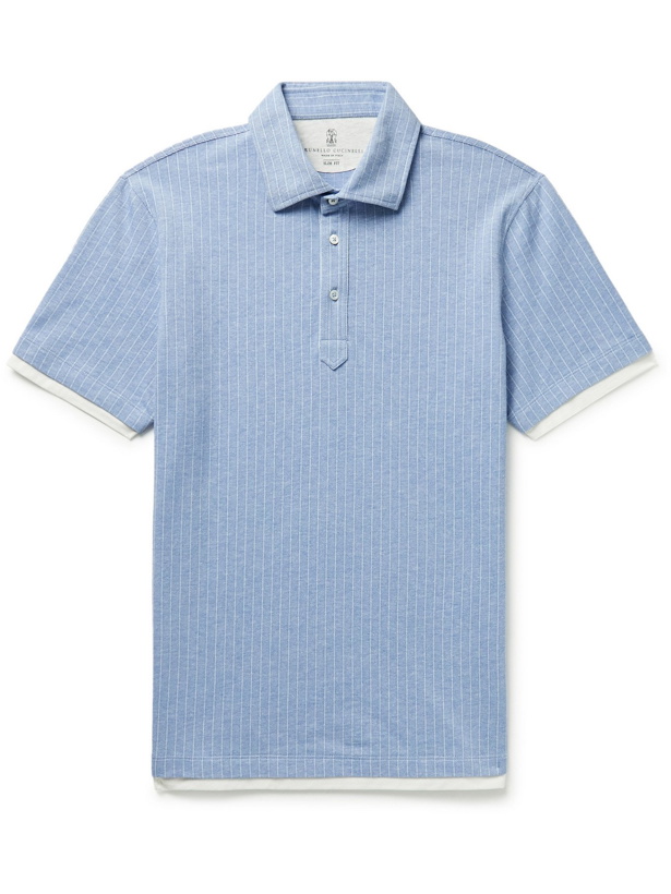 Photo: BRUNELLO CUCINELLI - Slim-Fit Jersey-Trimmed Striped Cotton-Piqué Polo Shirt - Blue